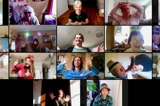 zoom squares of people smiling and posing looking at the screen