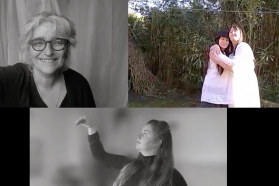screen divided in 3 rectangluar boxes top black and white woman with grey hair second box two women in white hugging in a garden lower box woman with long dark hair and dark long sleeve top looking at her raised left hand