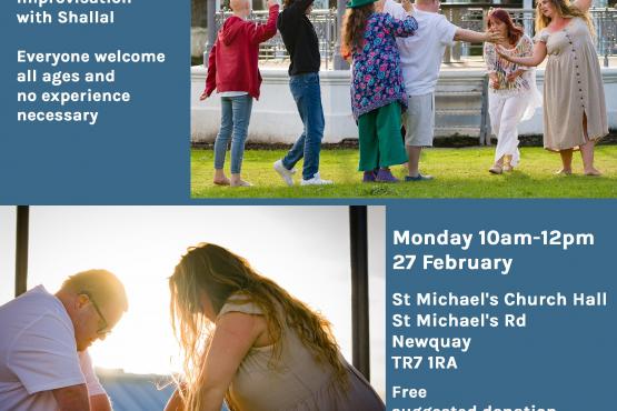 poster title Monday 10.30-12.30 27 February 2023 free community dance improvisation at St Michael Church Hall, Newquay, Shallal in orange on grey background 2 photographs of dancers outdoors and white writing on blue and grey lower section