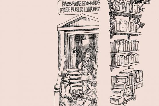 poster with Shallal in orange and Now and Then in black drawings of people outside a library door and a woman sitting on a chair reading with shelves of books