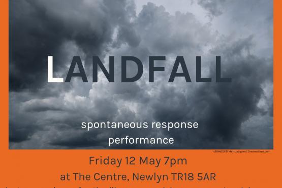 poster with orange background Shallal Dance Theatre logo, photo of black and white stormy clouds with Landfall and black text underneath 