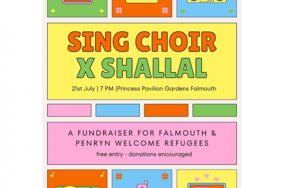 colourful pastel poster with bold writing and boxes, images of radios, phones cd players, Sing Choir and Shallal Fundraiser