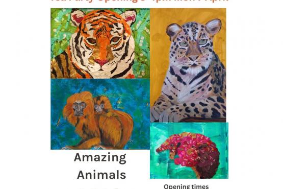 tiger leopard monkey and pangolin brightly coloured on poster for Amazing Animals