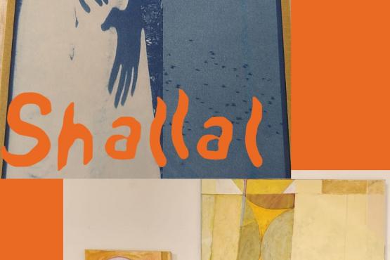 poster orange with Shallal and 3 art images one blue cyanotype with hands and 2 abstract paintings below in yellows