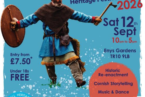 warrior in armour with shield on blue background with white writing Awenek 