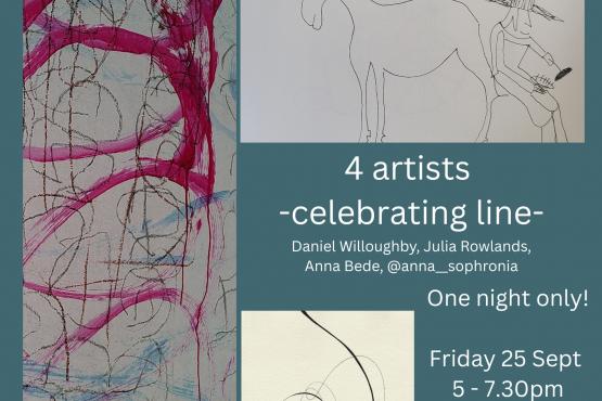 grey poster with abstract painting grey and pink lines, sketch of shoeing a horse and abstract markes 