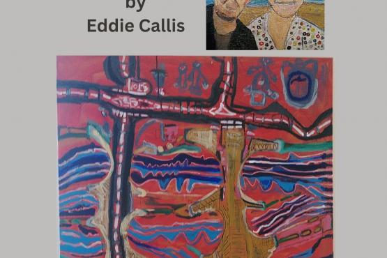 poster with two faces painting above large map like brown ochre painting