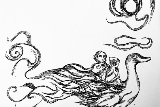 a drawing of a figure on a flying bird