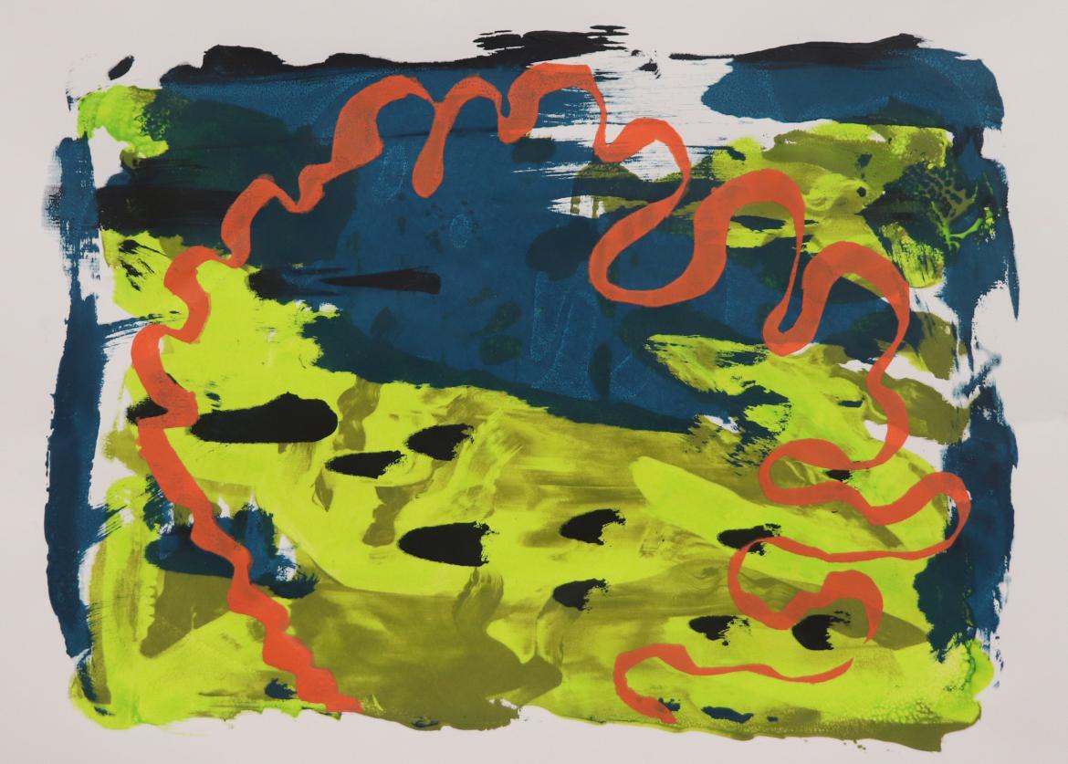 A yellow and blue screen print of seaweed