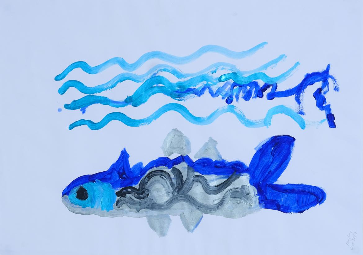 A blue and silver fish painted on white paper with lines of fresh and shining waves above.