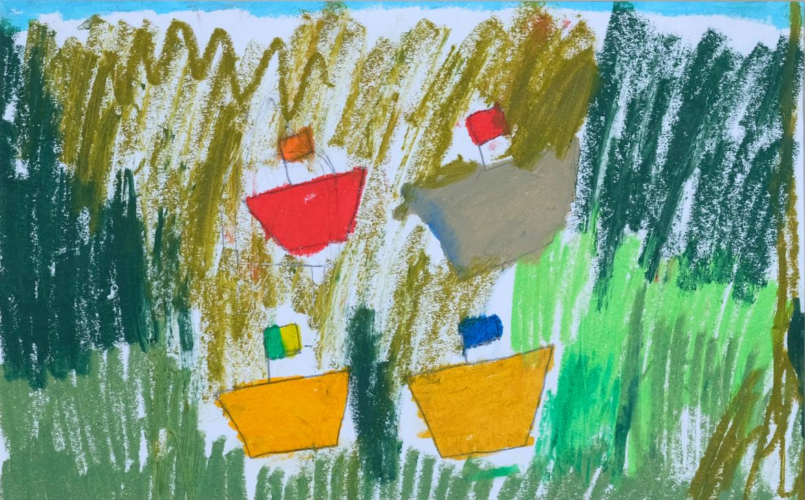 Mixed media drawing and painting of four boats laid out in a square with stormy green seas behind and a glimpse of blue sky at the top. The boats are simply drawn and look like they will bob along happily in the choppy water.