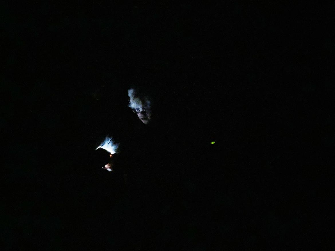 Photo of a person's face lit up in the night