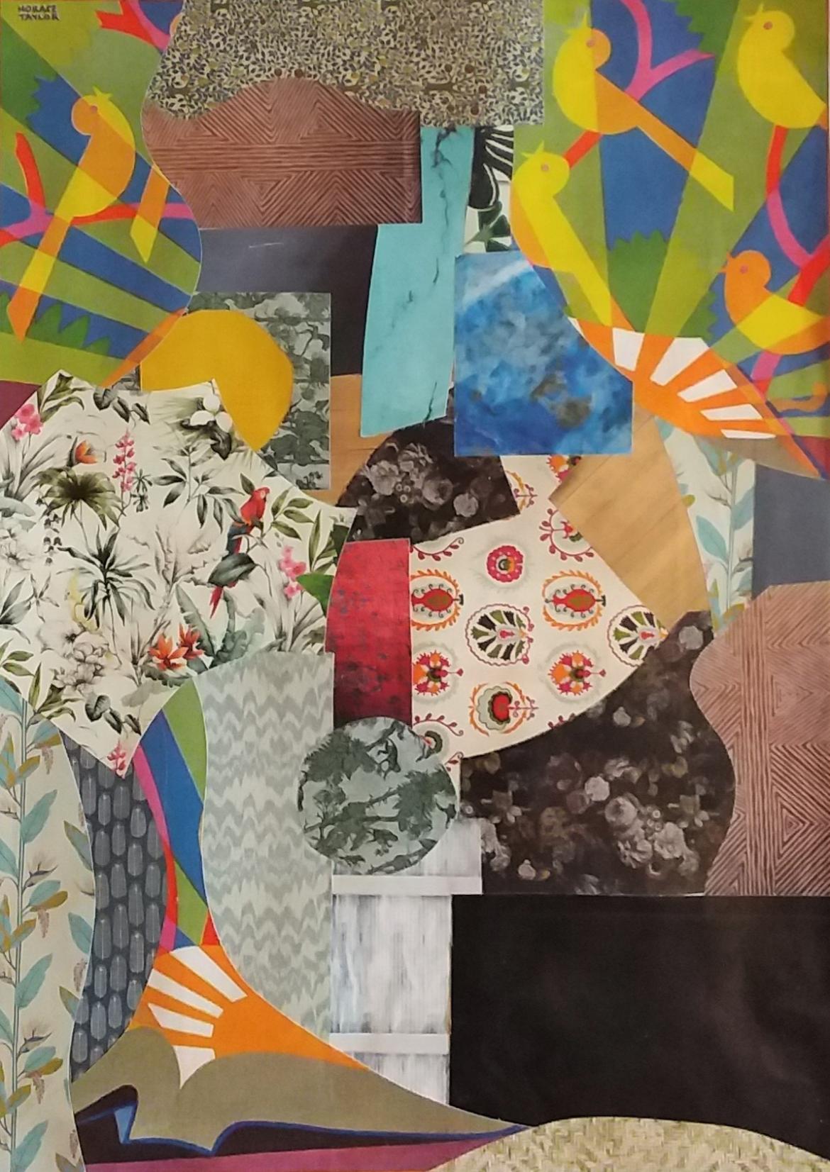 Abstract collage featuring yellow birds signing in sunbeams