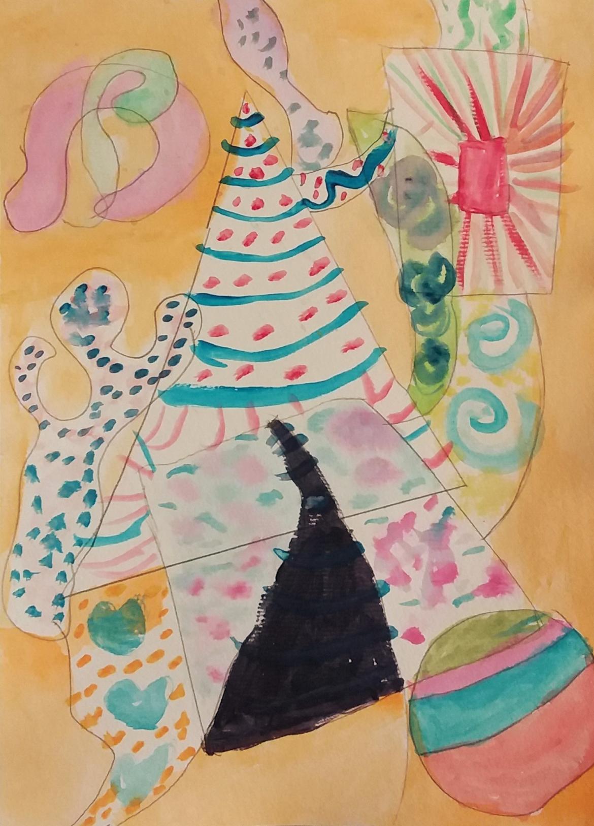 Abstract painting with triangles and circular shapes on an orange background