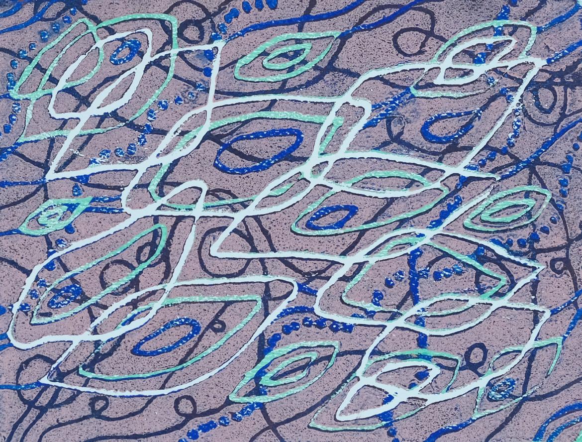 An image of a seaweed block print in purples and blues