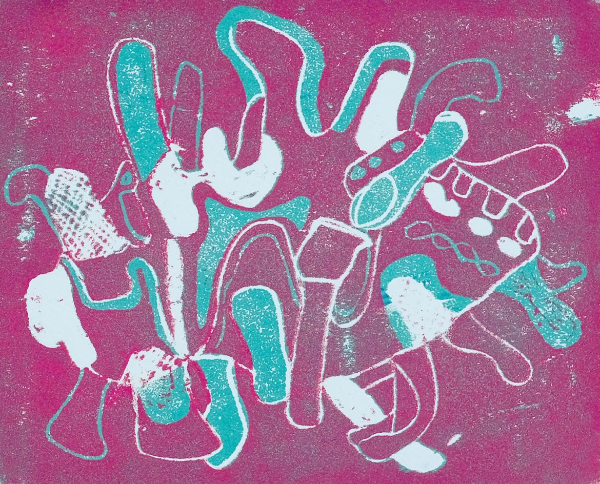 pink and blue screen print