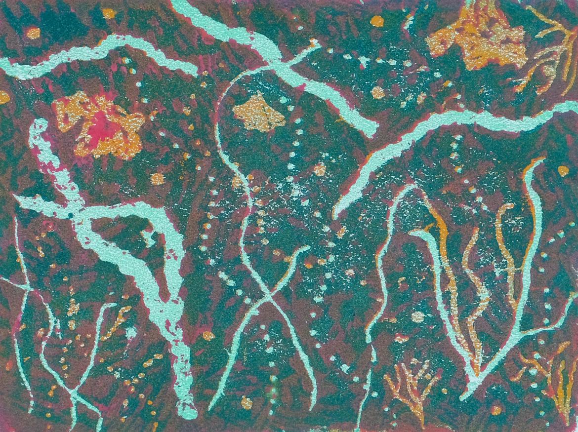 print of seaweed in blues and oranges