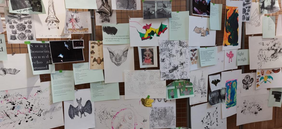 a wall with lots of different drawings and poems displayed in an exhibition exploring bats