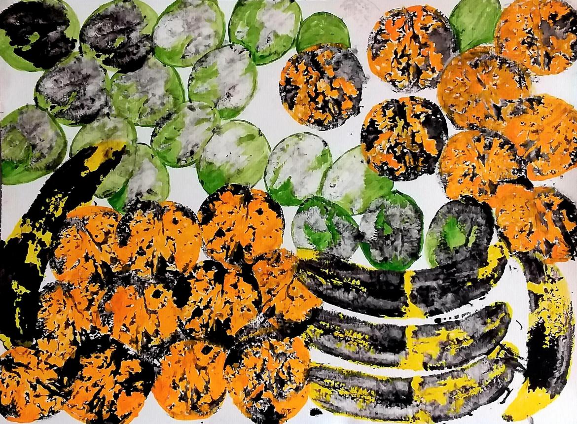 Abstract print with orange and green circles and back and yellow banana shapes