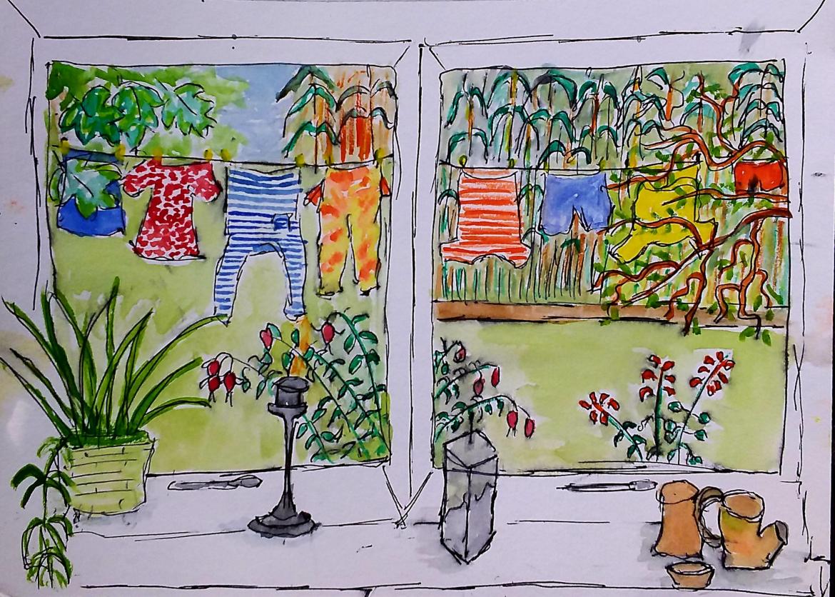 A painting of a view through the window showing a sunny garden with washing on the line