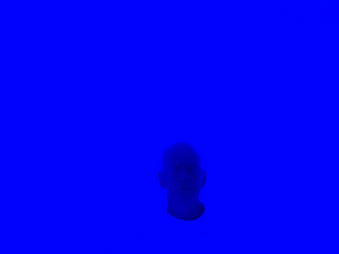 A person's head floating in a blue room