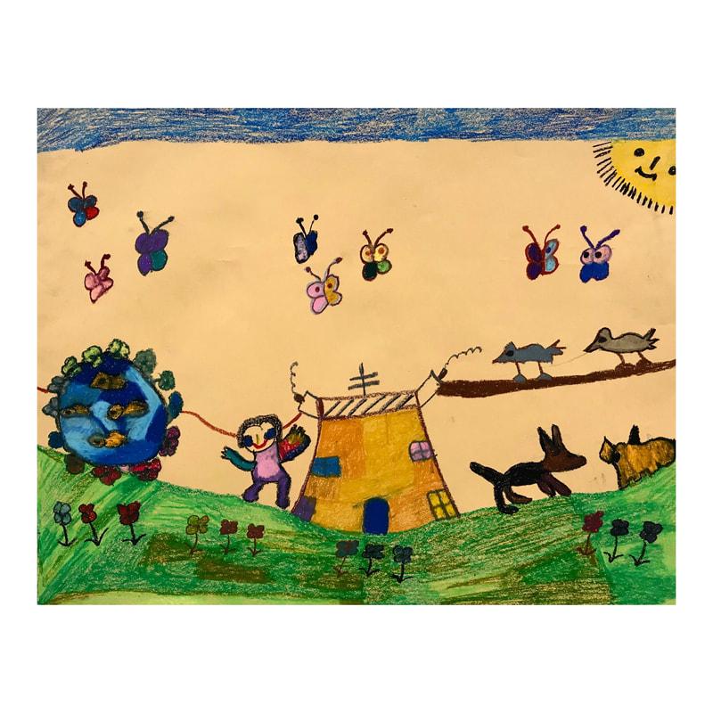 painting of a house, a duck pond, a girl, a dog and a cat on a light brown paper background