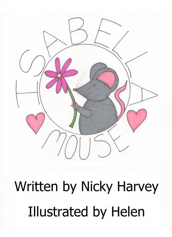 a grey mouse holding a pink flower, Isabella Mouse with 2 hearts