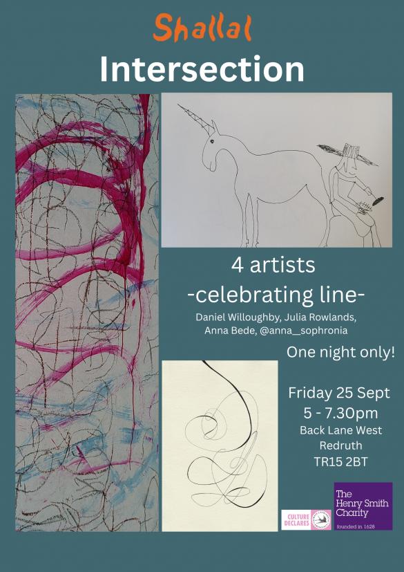 grey poster with abstract painting grey and pink lines, sketch of shoeing a horse and abstract marks 