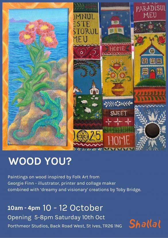 blue poster with picture with lizard, sea and flower and colourful folk designs