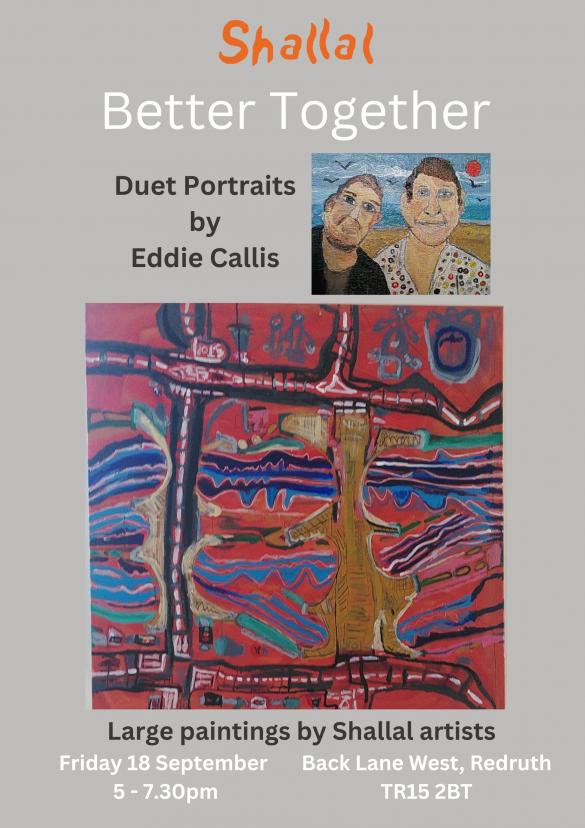 poster with two faces painting above large map like brown ochre painting