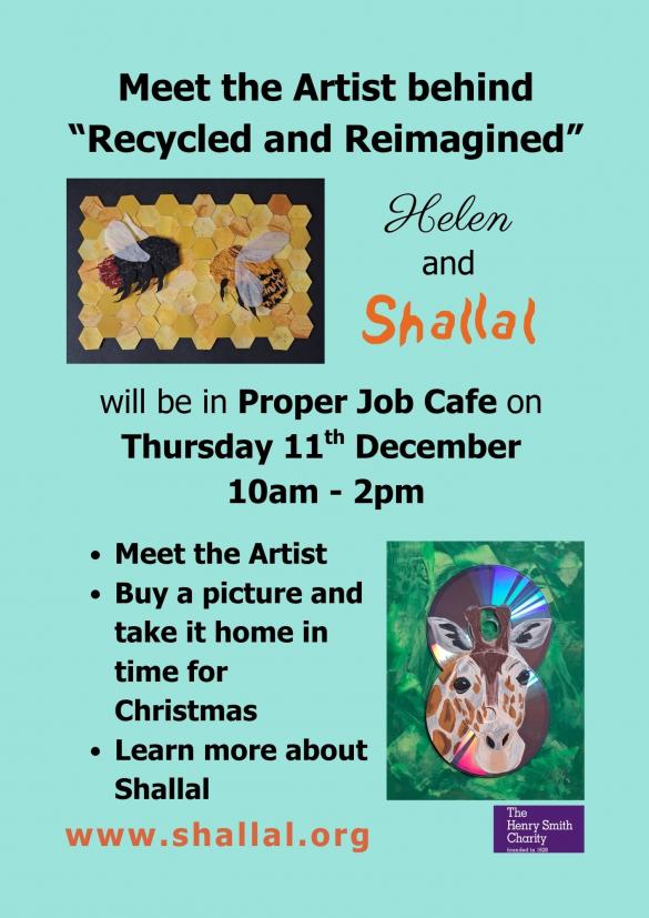 green poster with animal images in rectangles and invitation to meet the artist