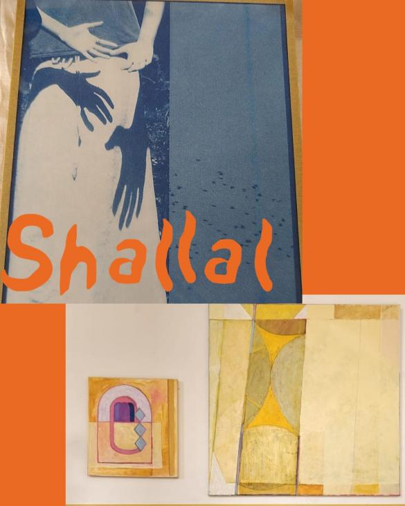 poster orange with Shallal and 3 art images one blue cyanotype with hands and 2 abstract paintings below in yellowsd