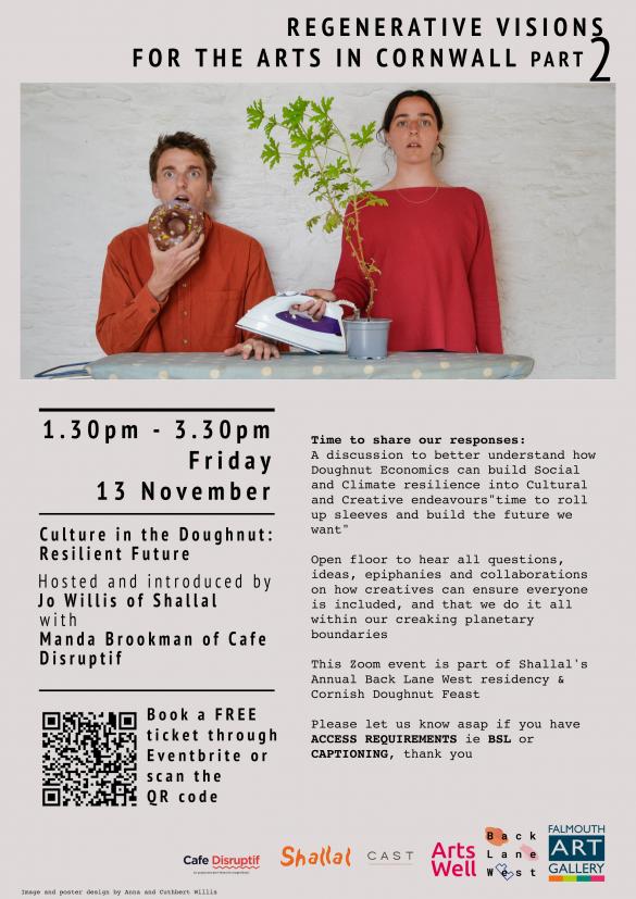 white poster with 2 people in orange one eating a dougnut the other holding an iron above his hand there is plant behind them
