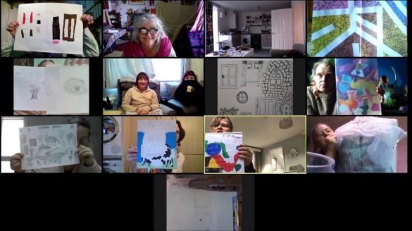 a screen shot of people showing their art work on zoom