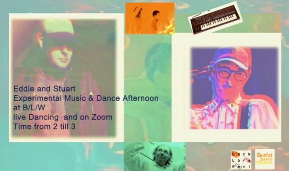 green background with 2 boxes with blurred portrait photos, men with caps on and a keyboard and 2 small images of performers around them