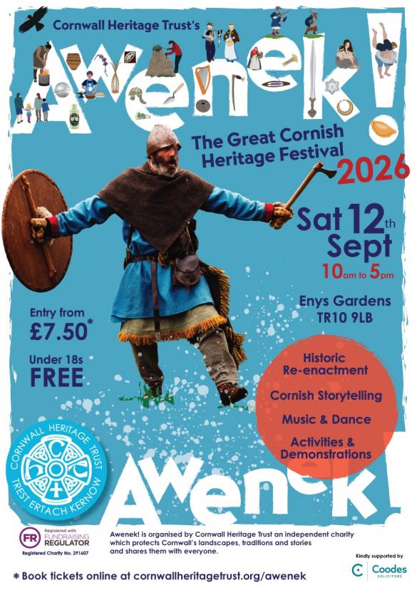 warrior in armour with shield on blue background with white writing Awenek 