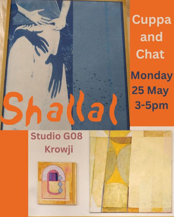 blue photo and yellow paintings with orange background invitation to cuppa and chat 
