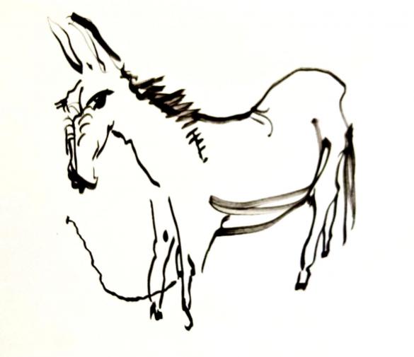 black line drawing of a donkey