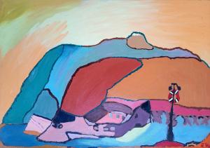 Oil painting in oranges, reds and blues showing hills and the sea. The sky is orange and yellow.