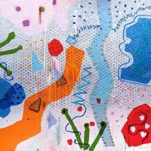 Abstract style artwork on transparent plastic background with orange, red and blue shapes