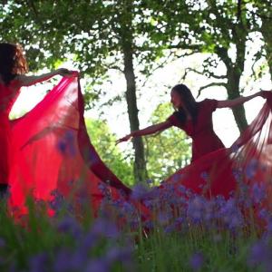 Two dancers with red transparent fabric dance in the woods