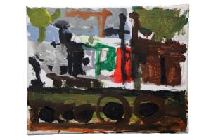 Small, semi-abstract painting with big dark wheels at the bottom, suggesting a moving train and a busy station
