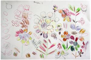 Line drawing made with coloured pencils on white paper of flowers using big and little circles