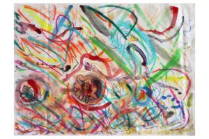 Abstract style artwork with paint, coloured inks, pastels and felt pens on thick white cotton