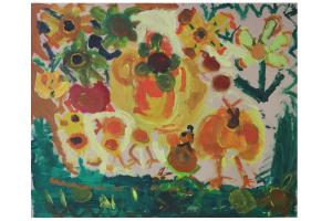 Brightly coloured painting with yellow, orange, green and red paint thickly applied on buff coloured board