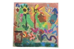 Small bright painting with yellow, orange, green, blue and pink flowers and patterns on hessian canvas board