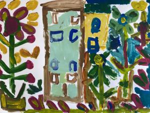A bright bold painting with a tall light blue house in the middle surrounded by tall plants and flowers