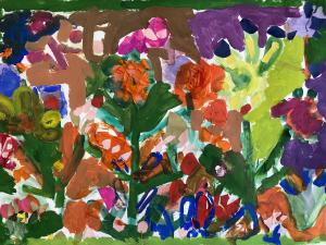 A bright bold painting of flowers and leaves in orange, yellow, purple, green and blue with orange tissue paper added to the flowers