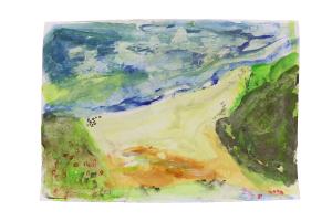 Painting of a sandy cove and the sea beyond from above