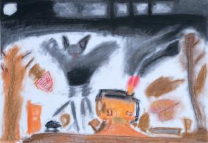pastel drawing of a bat flying above a house